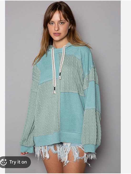POL Sweaters - POL Patchwork Hooded Sweater Sage Teal M